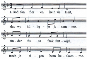 Tekstvak: 3.Jou ús hjoed ús deistich brea en ferjou wat wy misdiene,sa’t ek wy ferjûn ha, Hear, al dy’t skuldich foar ús stiene.4.Lit oer ús gjin neare nacht, lied ús net yn blyn begearen.Binne wy yn duvels macht, Hear, ferlos ús fan ‘e kweade.5. God fan fier en hein ús Heit, wûnder heimnis is jo namme,grut yn krêft en hearlikheid, oant yn alle tiden. Amen.